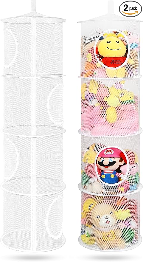 coastal rose 2Pcs Stuffed Animal Storage Foldable Stuffed Animal Net or Hammock Organizer, 4 Compartments Hanging Mesh Toy Storage Hammock for Kid Room Toys, Gloves, Hats, Socks(White)-NeatNest