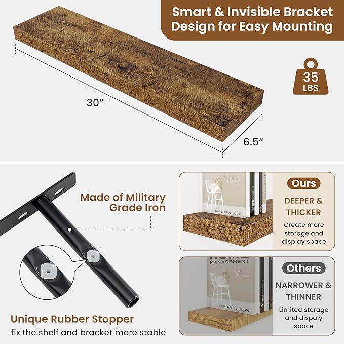 fuqing Floating Shelves for Wall, Bathroom Shelf Wall Mounted for Storage, Shelves with Invisible Bracket for Bedroom, Kitchen, Living Room, Farmhouse Small Book Shelf, 30 Inch Set of 2, Rustic Brown-NeatNest