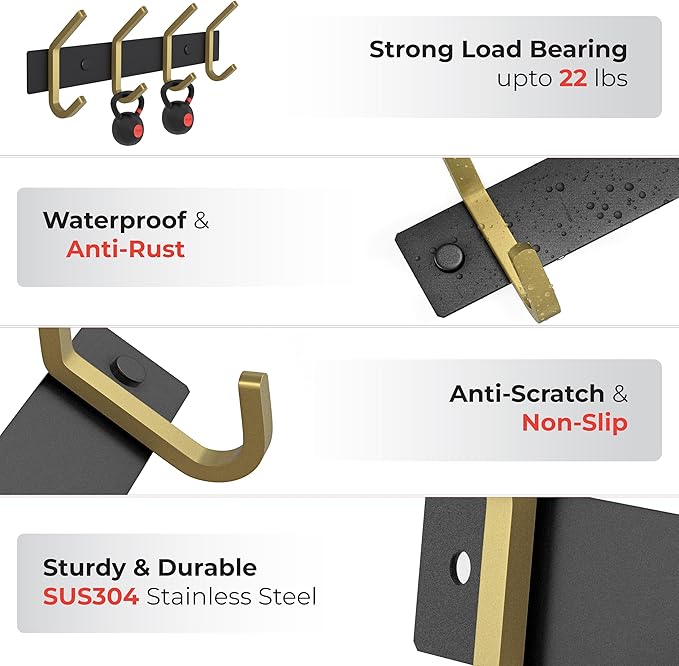 Coat Rack Wall Mount – Black and Gold Hook Rail with 4 Double Coat Hooks, 12 Inch Stainless Steel Wall Hooks for Entryway, Bathroom, Bedroom, Closet, Towel, Hat, Bag, Heavy Duty Organizer-NeatNest
