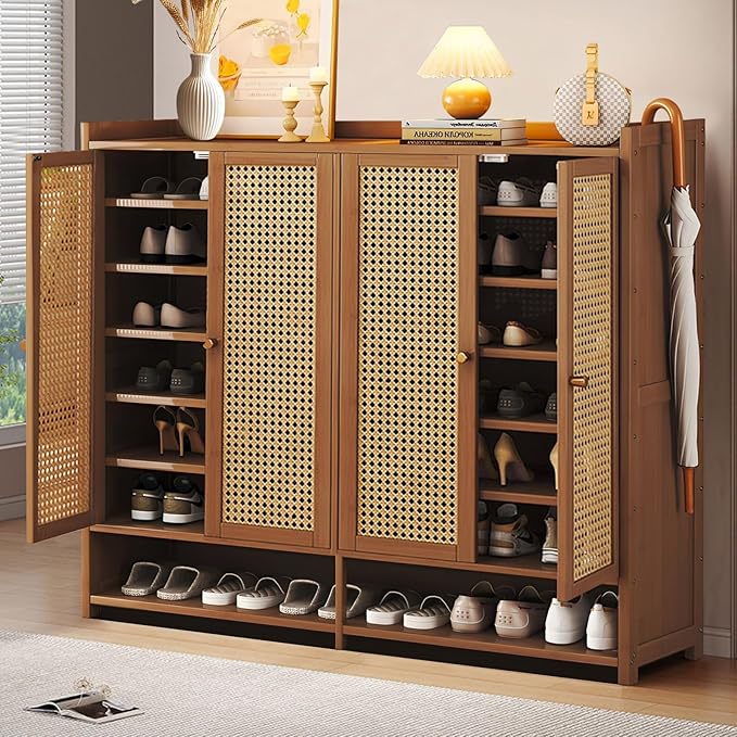Bamboo Shoe Cabinet, 8-Tier Shoe Storage Cabinet with Doors, Freestanding Bamboo Shoe Rack Organizer with Shelves for Entryway, Hallway, Closet, Living Room (Brown-4)