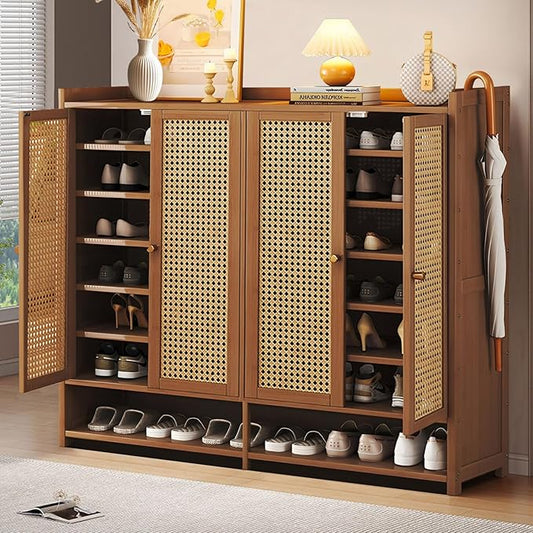 Bamboo Shoe Cabinet, 8-Tier Shoe Storage Cabinet with Doors, Freestanding Bamboo Shoe Rack Organizer with Shelves for Entryway, Hallway, Closet, Living Room (Brown-4)
