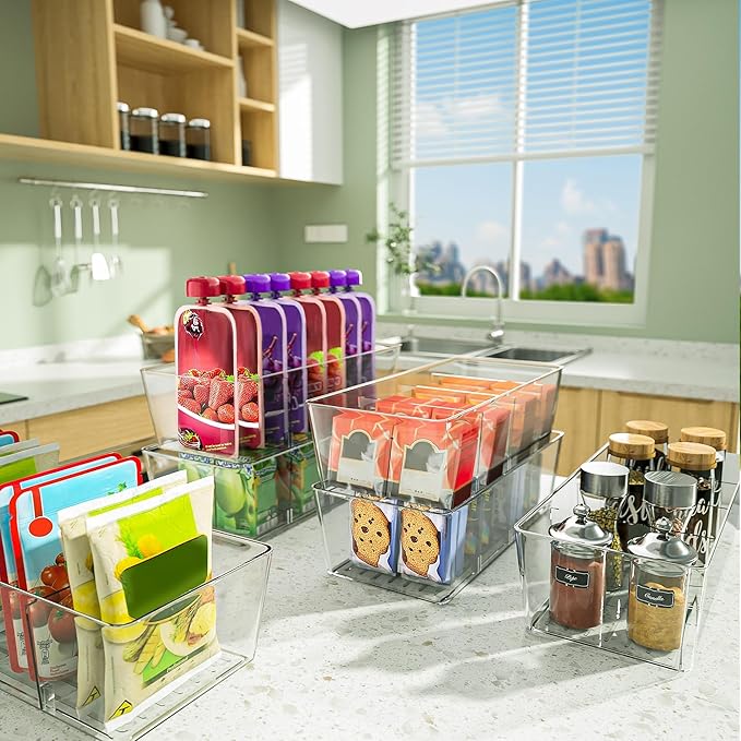 BALEINE Pantry Organizers and Storage Bins, Plastic Clear Storage Bins with 3 Removable Dividers, BPA-Free Fridge Organizers for Kitchen Cabinet Bathroom (10.5x6.1x3.5, 4PK)-NeatNest