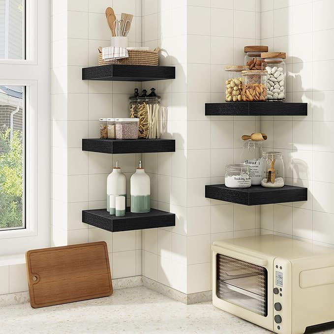 fuqing Floating Shelves for Wall, Bathroom Shelf Wall Mounted for Storage, Shelves with Invisible Bracket for Bedroom, Kitchen, Living Room, Farmhouse Small Book Shelf, 6.5 Inch Set of 3, Black-NeatNest