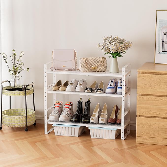 Expandable Stackable Aadjustable Shoe Rack Pantry Shelf for Kitchen Cabinets Counter Shelves Countertop Cupboard Storage Solution,Sturdy Heavy-Duty Metal Construction(1Pack/White/Large)-NeatNest