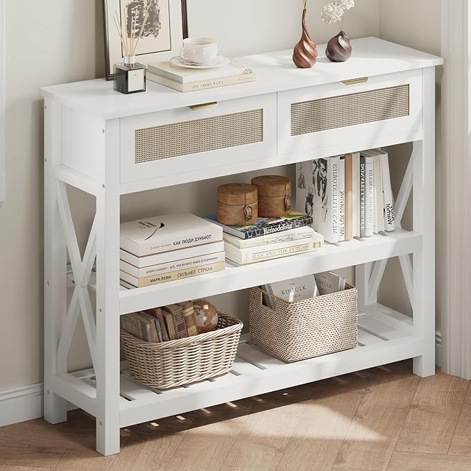 Console Table with 2 Rattan Drawers, Wooden Entryway Table with 3-Tier Storage Shelves, Display Shelf for Entryway, Hallway, Foyer and Living Room, White-NeatNest