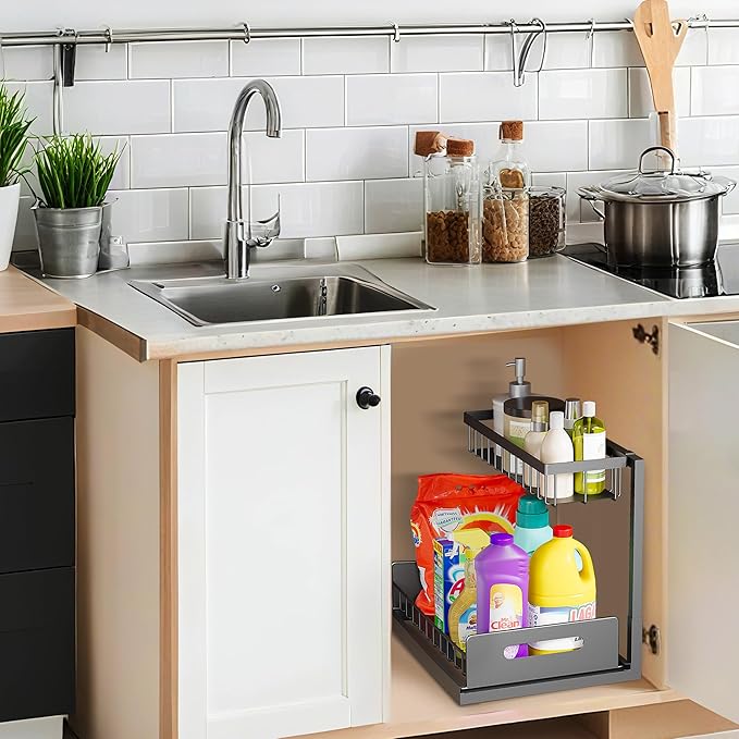 VUSIGN Under Sink Organizer, 2 Tier Pull Out Bathroom Cabinet Organizer, Under Kitchen Sink Organizers and Storage, Under Sink Shelf,2 Pack, Black-NeatNest