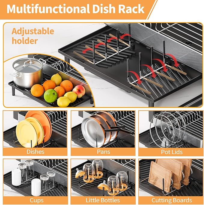 Expandable Dish Drying Rack for Kitchen Counter, 304 Stainless Steel Dish Rack, Multi-Function Dish Drainer, Large Dish Strainer with Cup Holder, Cutlery Holder, Extendable Large Size Silver