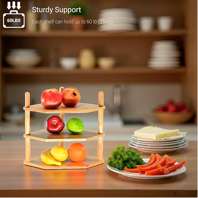 Expandable Bamboo Corner Shelf for Cabinet - 2-5 Tiers Plate Organizer, Kitchen Space Saver, Minimal Tool Assembly (Powered by Gogogo)(2 Tier) (Nature, 3.9" H(3 Tier))-NeatNest
