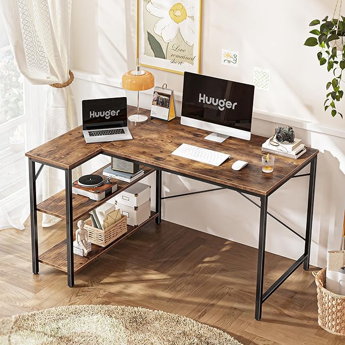 Huuger 47 Inches L Shaped Desk, Computer Desk with Reversible Storage Shelves, for Gaming Corner Home Office Writing Study, Metal Frame, Rustic Brown-NeatNest