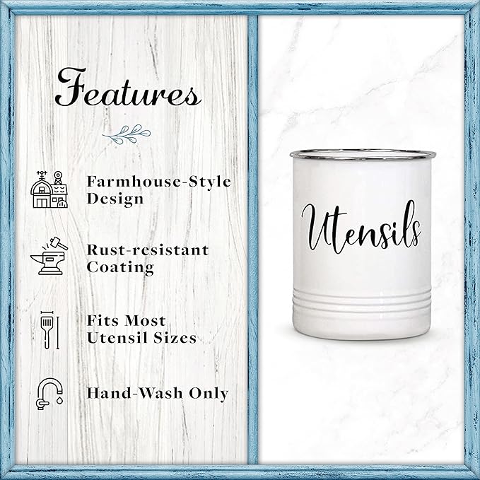 Home Acre Designs Vintage Farmhouse Utensil Holder - Stylish Countertop Organizer and Kitchen Decor Caddy - Stainless Steel Rim - White-NeatNest