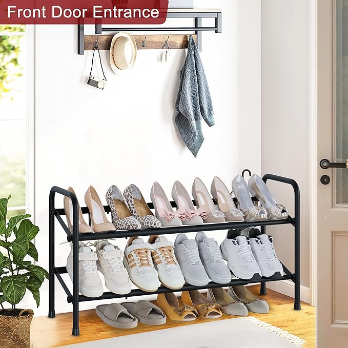 Housen Solutions 2 Tier Expandable Shoe Rack for Closet, Adjustable Shoe Shelf Storage Organizer for Small Space,Heavy Duty Metal Free Standing Shoe Rack for Entryway Closet, Black-NeatNest