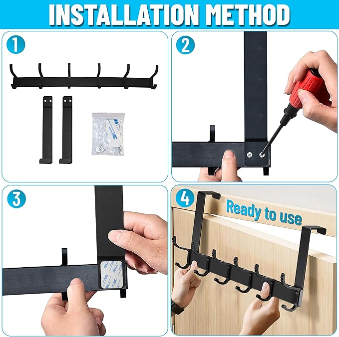 Door Coat Hanger Adjustable Over The Door Hanger-6 Double Hooks, Over Door Coat Hooks, Door Clothes Hanger Suitable for Clothes, Hats, Keys, Towel, Over The Door Hooks