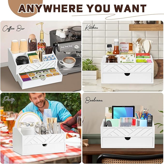 Coffee Bar Organizer with Drawer, Coffee Station Organizer for Countertop, Wood Coffee Bar Accessories Organizer for Coffee Bar Decor, Farmhouse Coffee Cup Pod Holder Condiment Organizer(White)-NeatNest