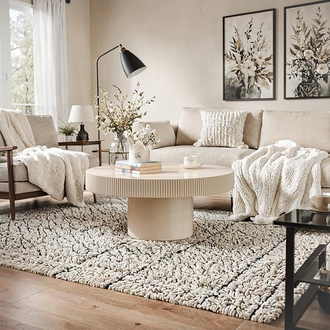 Handmade Round Grooved Drum-Shaped Coffee Table、Rustic Modern Circular Centerpiece for Living Room & Farmhouse Decor、Easy to Clean (A White 30.7in)