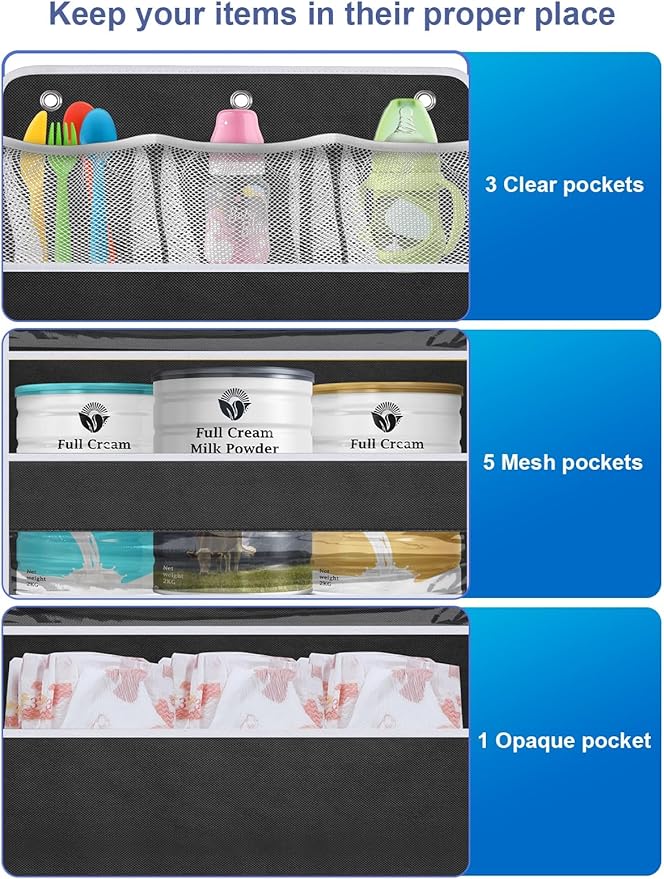 2 Pack Over the Door Storage Organizer, Space Saving Closet Hanging Organizer Large Capacity Behind Door Storage for Nursery Baby Essentials Pantry Bathroom Bedroom Diaper Organizer, Black