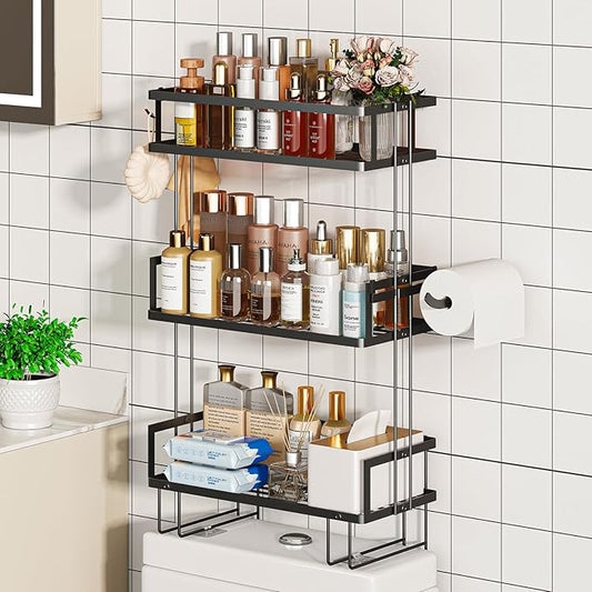 Godboat Bathroom Organizers and Storage, 3-Tier Wall Shelves, Over Toilet Rack with Paper Holder and 2 Hooks, Floating Shelf & Accessories, Gifts for Women, Mom, Mothers Day (Black)-NeatNest
