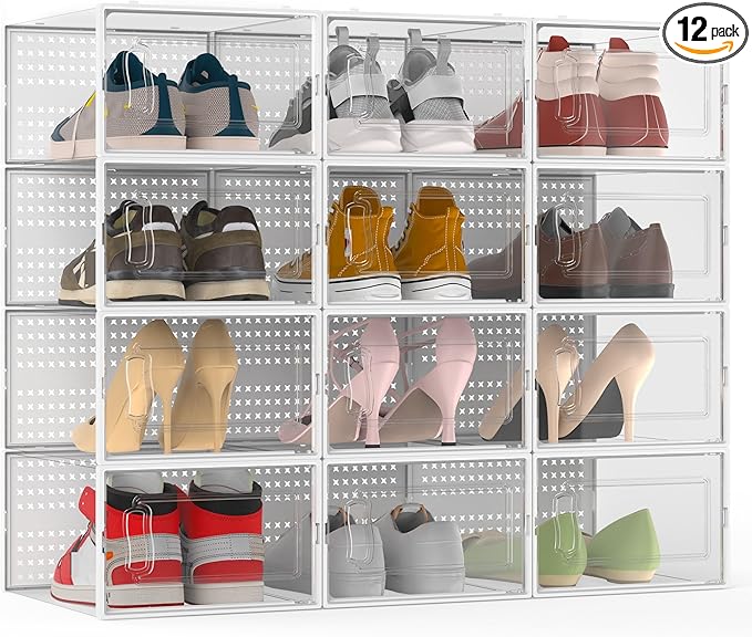 12 Pack XXX-Large Modular Clear Plastic Stackable Shoe Storage Organizer for Closet, Space Saving Versatile Sneaker Shoe Rack Containers Bins Holders, Portable Closet Organizers and Storage, White-NeatNest