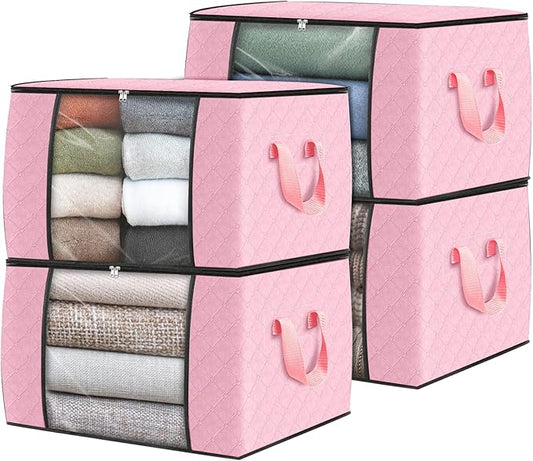 Fab totes 4 Pack Clothes Storage, Foldable Thick Fabric Blanket Storage Bags, Containers for Organizing Bedroom, Closet, Clothing, Comforter,Organization with Handle,Pink-NeatNest