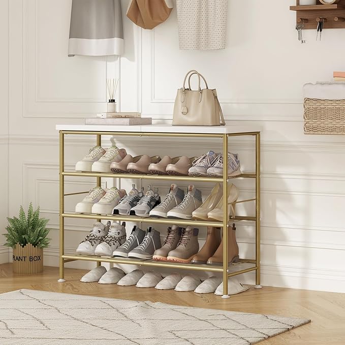 Shoe Rack Organizer 4 Tier for Closet Entryway Free Standing Metal Storage Shoe Shelf with MDF Top Board，Gold-NeatNest