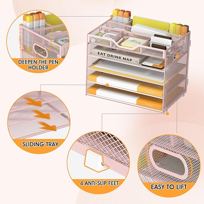 5 Tier Paper Letter Tray with 3 Drop-in Pen Holders, Mesh Desk File Organizer with Handle, Desk Organizers and Accessories for School,Home, Office Supplies Storage-Pink-NeatNest