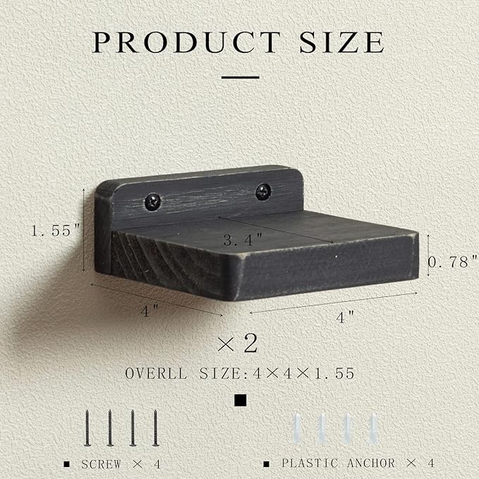 Freezing point Small Floating Shelf for Wall Set of 2 Natural Wood 4Inch Mini Wall Shelves Decor Plant Display Collectibles Mounted Kitchen Bathroom Bedroom Corner Decorative Storage Tiny Stand Black-NeatNest