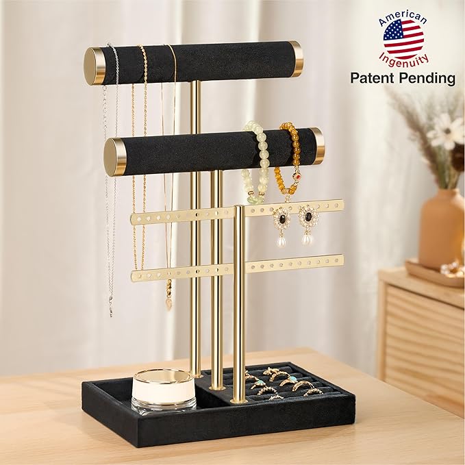 3 Tier Bracelet Holder Display - Detachable T Bar Black Velvet Bracelet Holder, Jewelry Holder Organizer for Bracelet, Necklace, Earrings, Rings