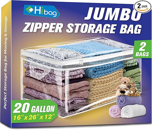 HIBAG 20 Gallon Large Storage Bag for Clothes, Zipper Clothing Storage Bag, Clear Organizer with Reinforced Handles, for Comforters Blankets Pillows Bedding (2 Pack)-NeatNest