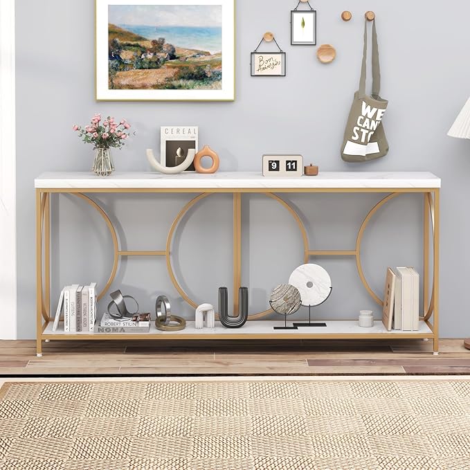 Giantex 71" Console Table, 2-Tier Extra-Long Gold Entryway Table w/Storage Shelf, Faux Marble Top, Narrow Sofa Table with Geometric Frame, Behind Couch Entry Table for Living Room, Hallway, Foyer-NeatNest