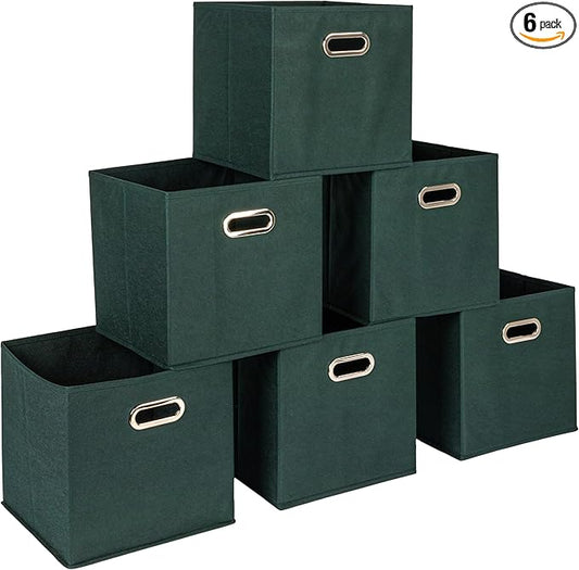 Household Essentials Fabric Storage Cube Bins, 6 Piece Set, Strong Poly-Woven Fabric, Chipboard Sides, Grommet Front Handle, Stackable and Foldable, Classic Design, Dark Green