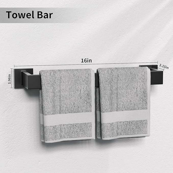 7-Piece Matte Black Bathroom Accessories Hardware Set, Stainless Steel 16 Inch Bath Towel Bar Set, Towel Racks for Bathroom Wall Mounted