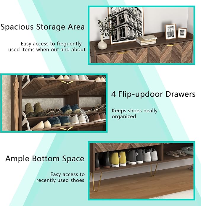 Vibe & Dine 4 Flip Drawer Shoe Cabinet, Mid Century Modern Shoe Organizer with Bottom Cubby, Hidden Shoe Cabinet with 2 Hooks, Freestanding Narrow Slim Shoe Rack Cabinet for Entryway, Foyer, Hallway-NeatNest
