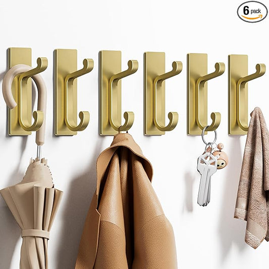 Gold Self Adhesive Wall Hooks for Coats - Stainless Heavy Duty Double Hook for Clothes, Towel, Keys, Purse, Backpack, Bag, Hat, 6 Pack Coat Hook for Door, Bathroom, Bedroom.