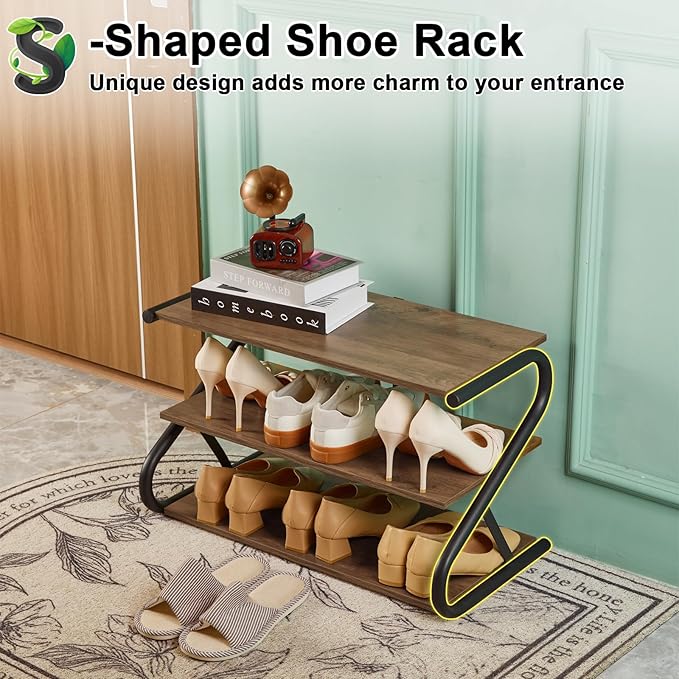 Shoe Rack, Z-Frame Wooden 3-Tier Shelf with Durable Metal Shelves, Shoe Organizer for High Heels, Hallway, Living Room, Closet, Bedroom (Light Rustic)-NeatNest