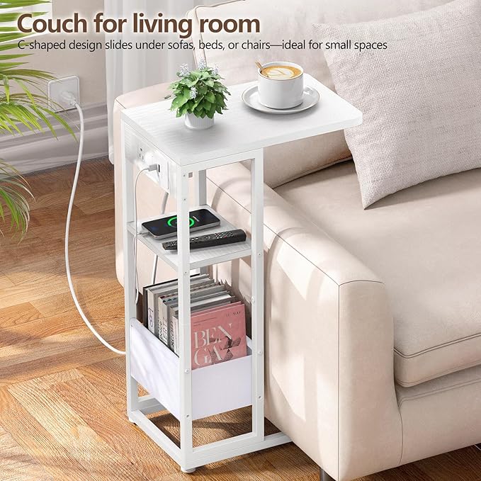 C Shaped End Table with Charging Station, Small Side Table for Couch Recliner, Slide Under Sofa Desk Snack Tables with Storage Bag & AC / USB Outlet, Small Spaces Drink Tables for Living Room, Bedroom