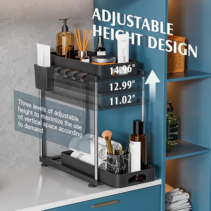 2 Pack Under Sink Organizer, 2 Tier Under Sink Organizers and Storage for Kitchen Bathroom, Height Adjustable Cabinet Organizer with Two Slide-Out Drawers,Black-NeatNest