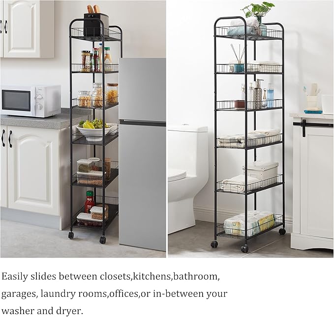 6-Tier Storage Cart Wire Slim Shelving Shelf with Wheels for Small Spaces, Rolling Tall Organizer Storage for Bathroom, Kitchen, Home, Garage, Bedroom, Closet (Black, 10“D)