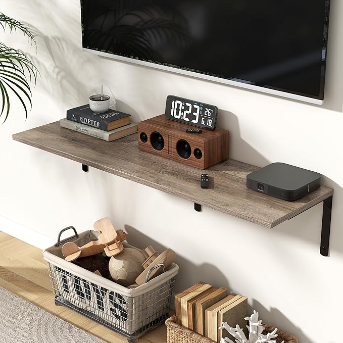 Fun Memories Floating Shelves for Wall, 12 Inch Deep Floating Shelves Set of 2, Wall Mounted Shelf with Metal Brackets, Rustic Wood Wide Shelf for Bathroom, Kitchen and Living Room, Grey, 48W x 12D-NeatNest
