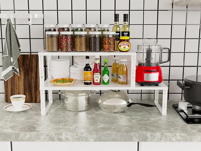 Adjustable Expanable Stackable Spice Rack Shelf Pantry Storage Organizer for Kitchen Cabinet,Countertop,Bathroom and More.Space is no Longer Limited(1Pack/White/Large)-NeatNest