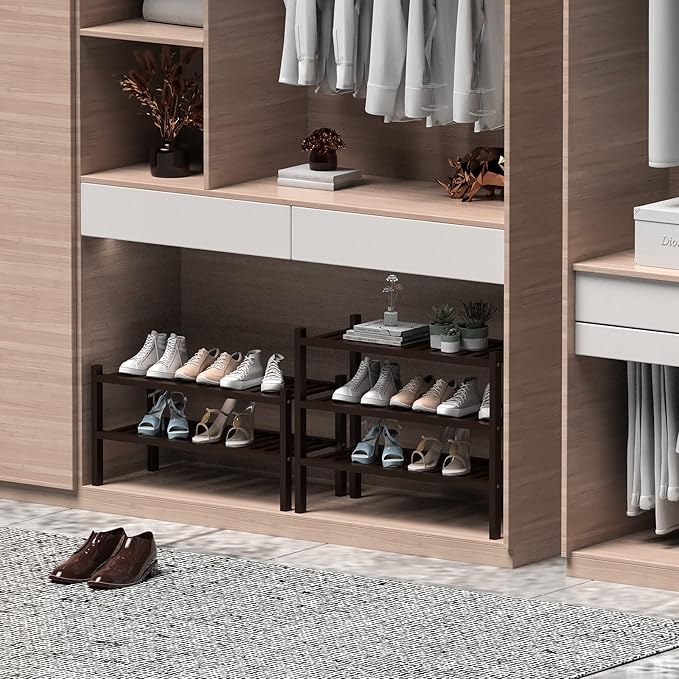 3 Tier (Thick) Bamboo Shoe Rack for Closet Free Standing Wood Shoe Shelf for Entryway Small Space Stackable 27"x12"x21" (Black Brown)-NeatNest