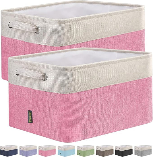 BALEINE 2 Pack Fabric Storage Bins for Shelves, Linen Storage Baskets for Organizing, Decorative Closet Bins for Clothes, Home (Pink, 12"x8"x8")-NeatNest