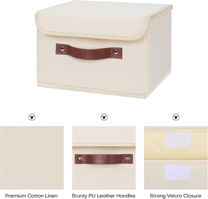 ANMINY 4PCS Storage Bins with Lid PU Leather Handles Storage Boxes PP Plastic Board Decorative Foldable Lidded Cotton Linen Fabric Home Cubes Baskets Closet Organizer Containers - Beige, Small Size-NeatNest