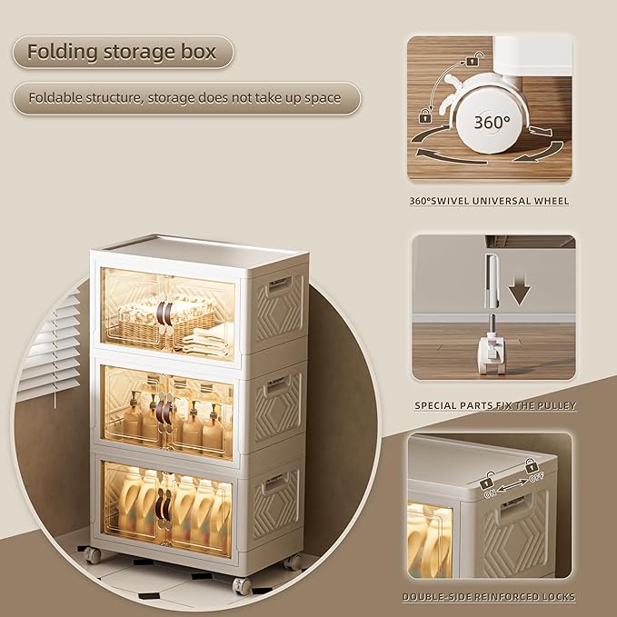 108 QT / 27 Gal Stackable Storage Bins (1 Lid) w/Wheels & Magnetic Doors, Collapsible Plastic Organizer Cabinet for Closet Office Garage - White Storage Containers-NeatNest