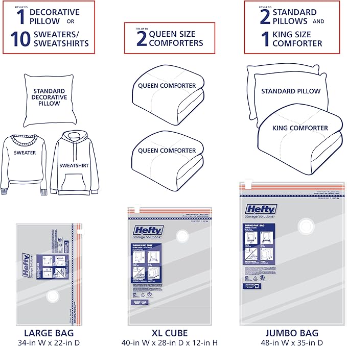 Hefty Shrink-Pak Starter Kit - 2 Large, 1 XL Cube, 1 Jumbo Vacuum Seal Storage Bag and Hand Pump – Space Saver Bags for Clothing, Pillows, Towels, or Blankets, 5 Pc Set-NeatNest