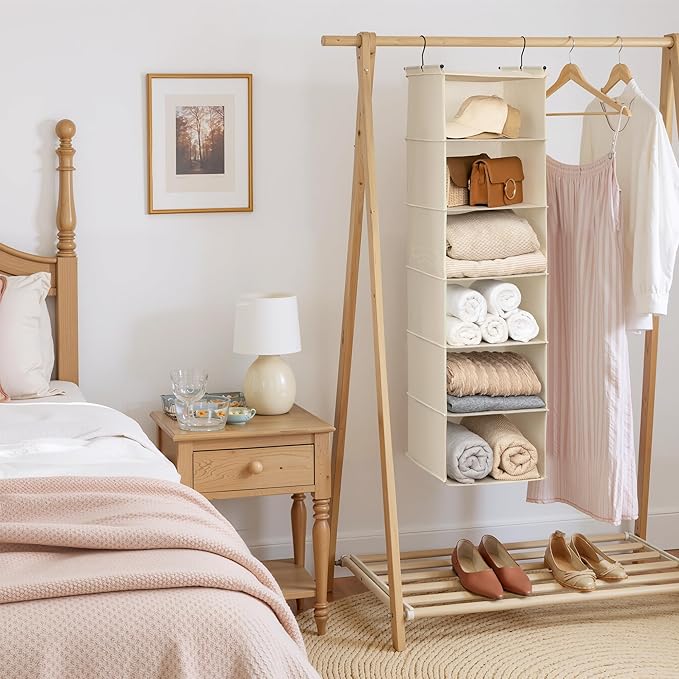 GRANNY SAYS 6 Shelf Hanging Closet Organizers and Storage, Collapsible Closet Hanging Organizer with 2 Sturdy Hooks, Large Hanging Shelves for Closet, College Dorm, Locker, Beige-NeatNest