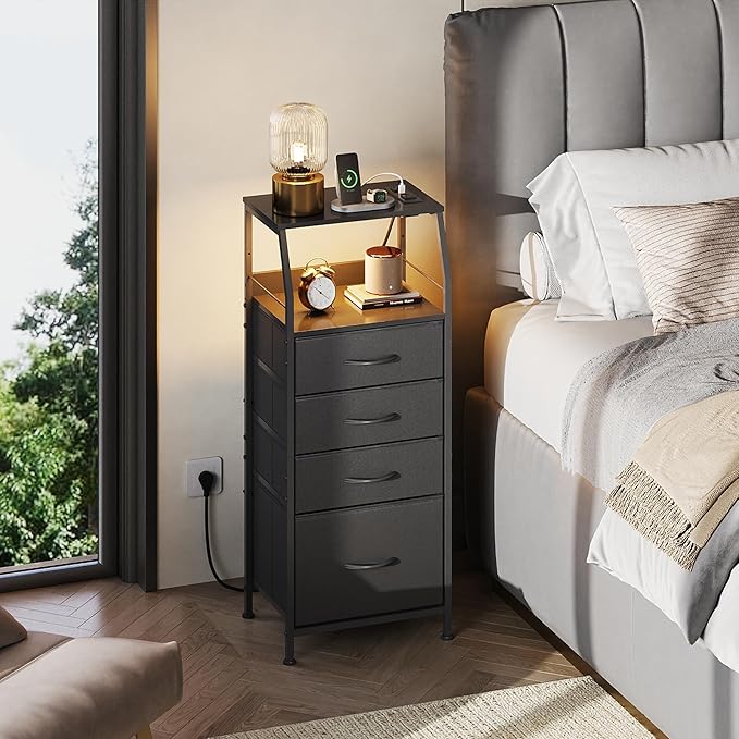 WLIVE Night Stand Set of 2 with Charger Station, Nightstand Sets with LED Light and 4 Storage Drawers, Tall Dressers for Bedroom, Bedside Tables with Fabric Bins, Wood Shelf, Metal Frame, Black