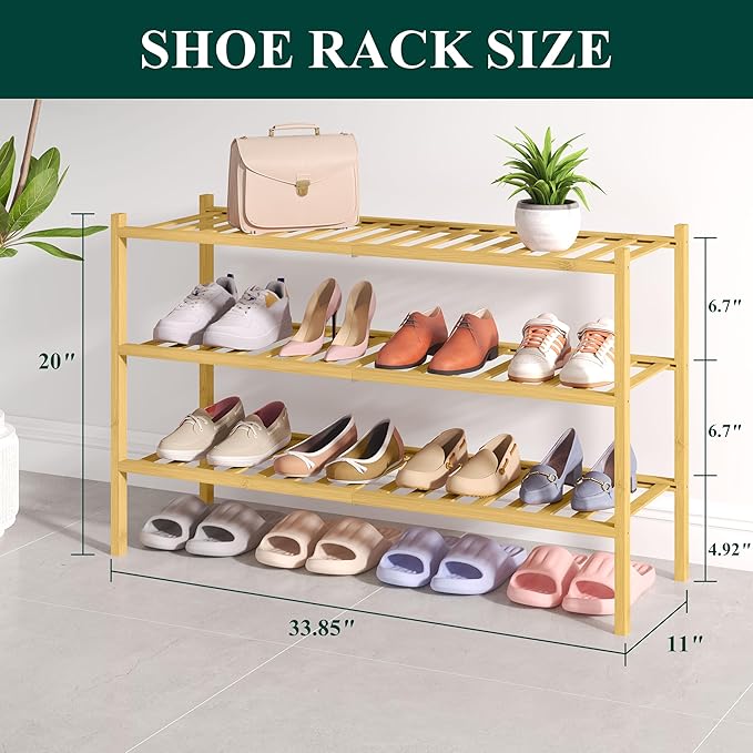 Smiry Bamboo Shoe Rack for Closet, 3 Tier Long Wooden Stackable Shoe Organizer, Free Standing Shoes Storage Shelf for Entryway, Front Door Entrance, Natural-NeatNest