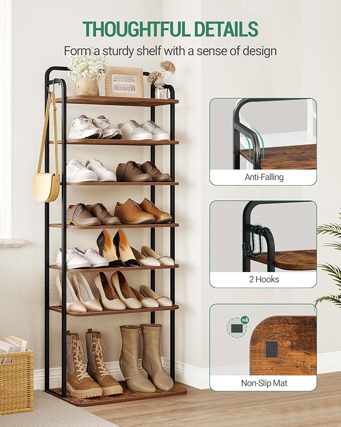 8 Tiers Widened Vertical Shoe Rack, Narrow Shoe Tower, Tall Shoes Shelf with 2 Hooks, Adjustable Shelves, Corner Shoes Shelves for Small Spaces, Entryway, Living Room, Rustic Brown SR12501B-NeatNest