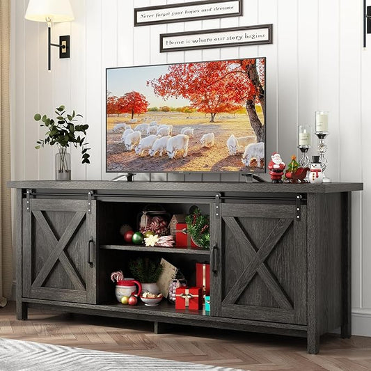 58" Farmhouse TV Stands for 55 60 70 inch TV w/Adjustable Shelves,Sliding Barn Door.Wooden Entertainment Center,TV Console Cabinet with Storage for Bedroom Living Room(Dark Grey)-NeatNest