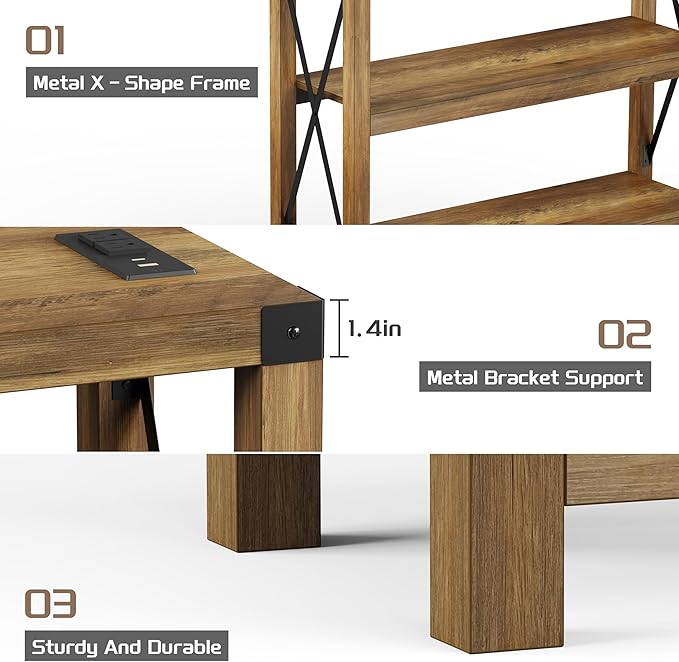 47.2" Entryway Table with Outlets and USB Ports, Console Table with 3-Tier Open Storage Shelves, Wooden Sofa Table with Metal X-Shaped Design for Living Room/Couch/Hallway/Foyer, Rustic Oak-NeatNest