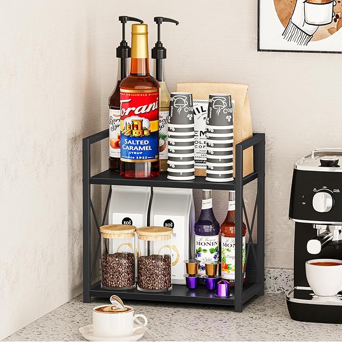Giikin Countertop Organizer, 2 Tier Coffee Station Organizer for Desktop, Wood Counter Shelf Spice Rack for Kitchen (Black, M)-NeatNest